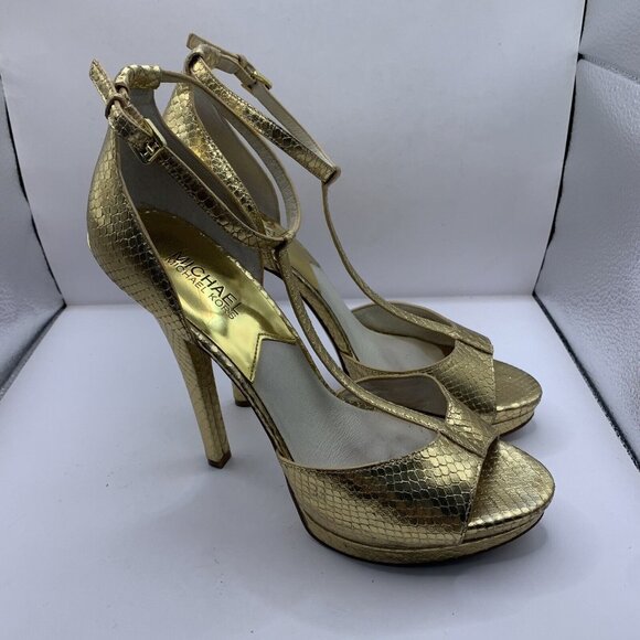 Michael Kors Shoes - Michael Kors Brenna T Strap Peep Toe Sandal metallic gold High Heels Sz 9.5M E2
